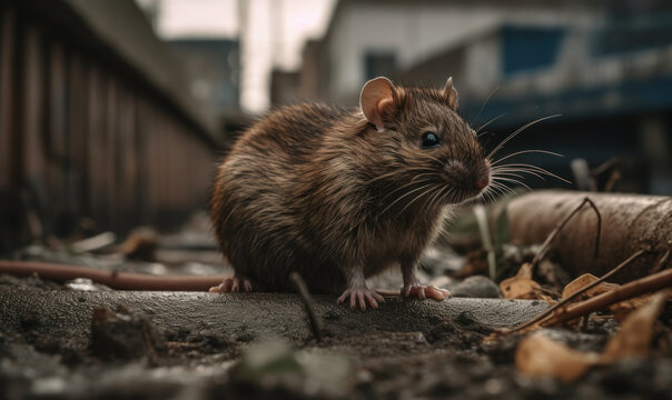 Urban Explorer: Photo of brown rat navigating through a gritty, urban landscape in the Concrete Jungle. Generative AI