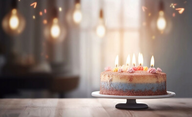 Close-up of Birthday Cake on Table with Blurred Home Party Background and Copy Space