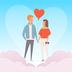 Love couple. male and female characters standing in clouds. Vector background lovers