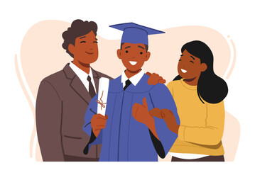 Happy Graduate Boy Stands Beside His Proud Parents. Dad and Mom Characters Smiling, They Celebrate Academic Achievement