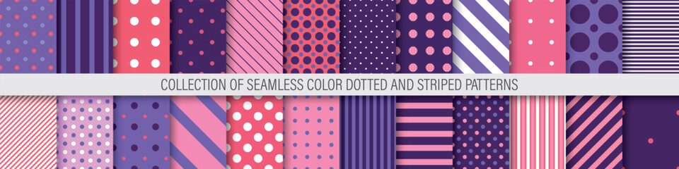 Collection of vector colorful geometric seamless patterns. Simple dotted and striped bright textures - repeatable unusual backgrounds. Vibrant fun design. Fabric endless prints