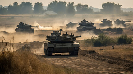 Fototapeta premium tanks in a battlefield created with Generative AI technology