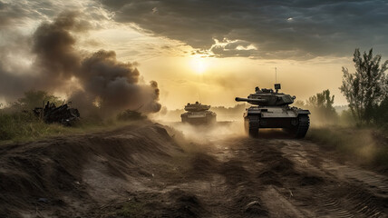 Fototapeta premium tanks in a battlefield created with Generative AI technology