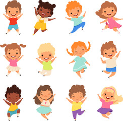 Happy funny children. Cute excited kids, isolated vector friends actuions, diverse cartoon energetic enfants