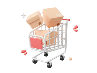 Shopping cart with parcel box, 3d cartoon icon isolated on pink background, 3d illustration. © NuTz
