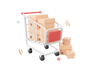 Shopping cart with parcel box, 3d cartoon icon isolated on pink background, 3d illustration.
