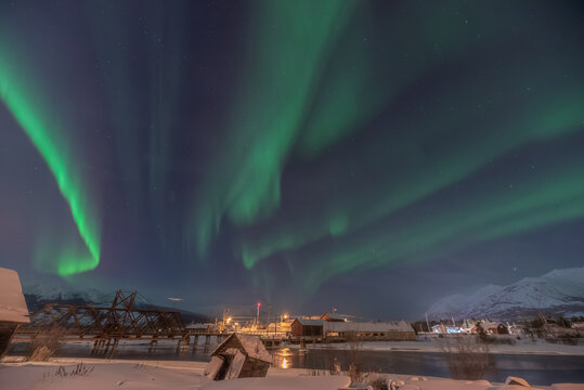 Incredible northern lights scenery seen over the landscape of Carcross, Yukon Territory in winter season with beautiful green bands in the sky. 