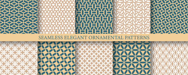 Collection of vintage seamless geometric color patterns - elegant design. Ornamental repeatable luxury backgrounds. Endless textile prints