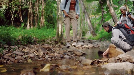 young woman carrying a backpack travel and walking in the forest, Traveler woman family have a free time to relax enjoyment with nature and the tropical tree, water stream