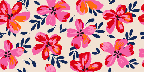 Obraz premium Hand drawn flowers, seamless patterns with floral for fabric, textiles, clothing, wrapping paper, cover, banner, interior decor, abstract backgrounds.