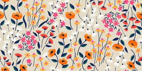 Hand drawn flowers, seamless patterns with floral for fabric, textiles, clothing, wrapping paper, cover, banner, interior decor, abstract backgrounds.