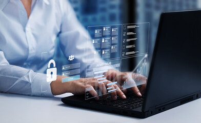 Cyber, personal data, privacy and information security. Internet networking  protection security system concept. Padlock icon on tech code background.