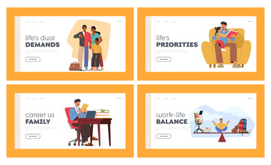 Struggle Between Career And Family Priorities Landing Page Template Set. Balance Scale With Working Man Character