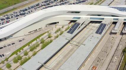 Aerial view of the Naples Afragola railway station. It is an Italian high-speed railway station near Naples and Caserta, in Campania, Italy. It was designed by architect Zaha Hadid.