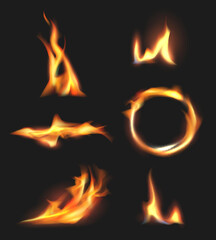 Fire flame. Various shapes of fire hot explosion of flames decent vector realistic templates