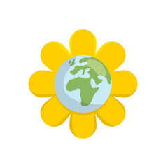Planet earth flowering. Flower bloom with the world map in the center. Vector illustration.