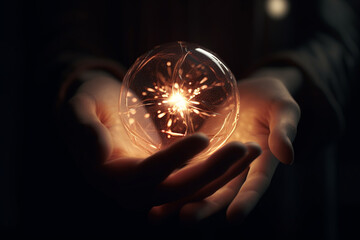 Illuminated hand holding a glass sphere