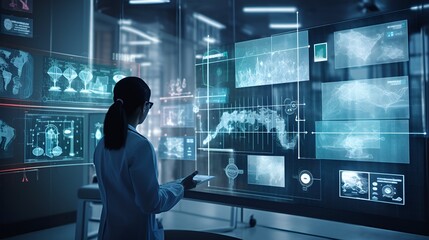A woman looking at medical monitors in front of a computer screen, in the style of sci-fi environments. machine learning in healthcare, dashboard, AI interface