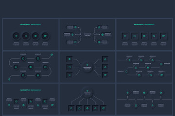 Set Neumorphic flowchart dark iinfographic. Creative concept for infographic with 4, 5, 6, 7, 8 steps or processes.