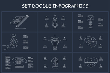 Set doodle dark infographics elements with 3, 4, 5, 9 options, template for web on a black background.
