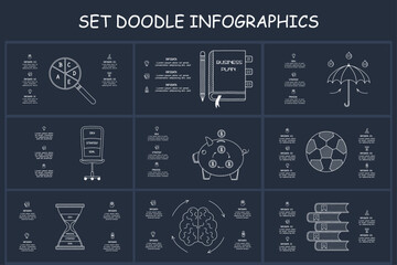 Set doodle dark infographics elements with 3, 4, 5, 6 options, template for web on a black background.