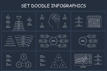 Set doodle dark infographics elements with 3, 4, 5, 6 options, template for web on a black background.