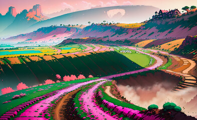 Fototapeta na wymiar Anime Grasslands Meadows Fields Landscape Fantasy Magical Illustration for children book. Generative AI Nature Landscape Artwork