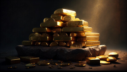 a lot of Gold bullion and gold coins. Golden is business Successful investor or entrepreneur. Gold investment, Financial concept. Generative AI illustration
