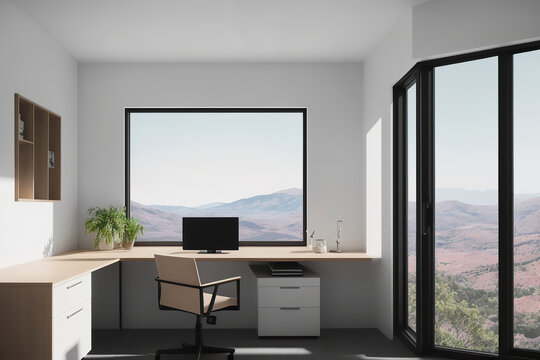 Generative AI image of modern workspace with glass doors and window with picturesque view of mountains during summer furnished with cabinets chair and wooden desk with desktop computer