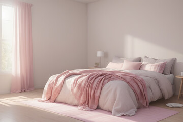 Generative AI image of modern bedroom illuminated with sunlight near cozy bed decorated with pink colored blanket pillows and carpet