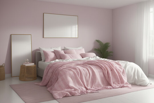 Generative AI image of modern bedroom illuminated with sunlight near cozy bed decorated with pink colored walls blanket pillows and carpet