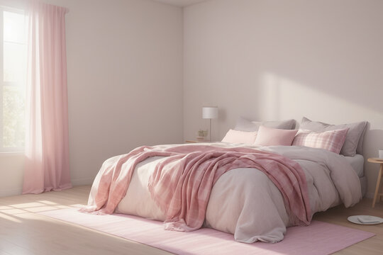 Generative AI image of modern bedroom illuminated with sunlight near cozy bed decorated with pink colored blanket pillows and carpet