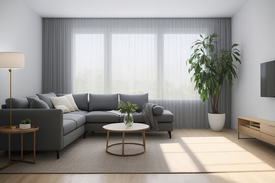 Generative AI image of interior of white walled living room with comfortable sofa center table carpet curtains potted plants while window sunlight illuminating place
