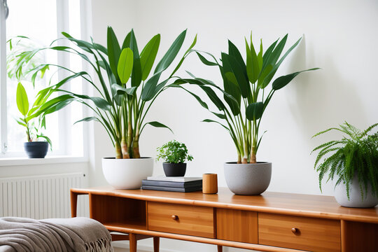 Generative AI image of potted green plants placed on wooden cabinet windowsill near bed with blanket in cozy gray walled room with sunlight during daytime