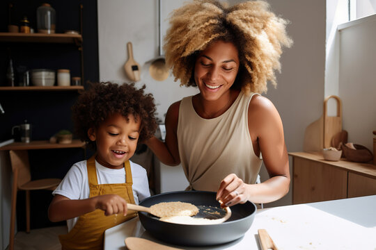 Generative AI illustration of happy young African American mother with Afro hairstyle cooking delicious dinner together with cute son in kitchen