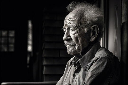 Generative AI illustration of black and white side view of elderly man in casual clothes deep in thoughts while sitting and looking away