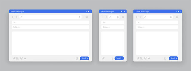 Set of email interface. Template of browser window. New message window.