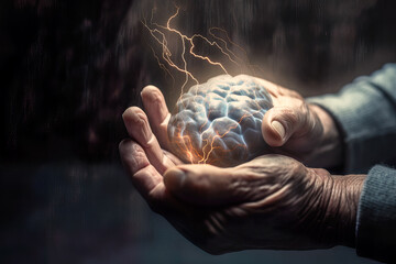 Generative AI image of human brain on hand of anonymous elderly man under lightning strikes