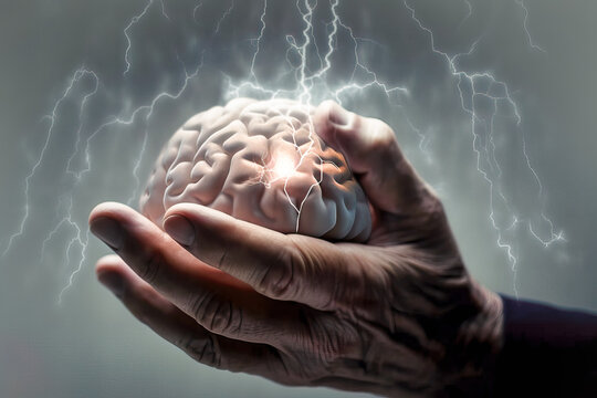 Generative AI image of human brain on hand of anonymous elderly man under lightning strikes