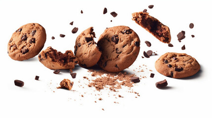 falling broken chip cookies on white background