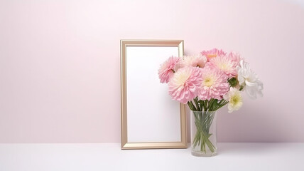 A bouquet of pink and white flowers in a white frame on a white table.