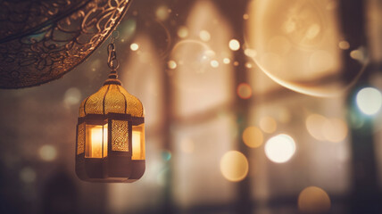 A lantern with a bokeh background and lights in the background