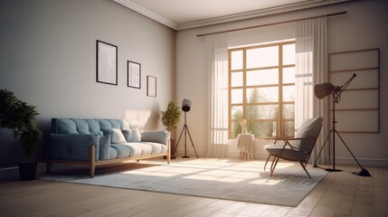 Light living room interior with couch and armchair with panoramic window