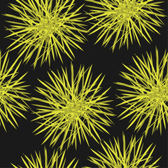 Seamless pattern with yellow abstract flowers (thistles) on a black background. Vector graphics for fabric, paper or background
