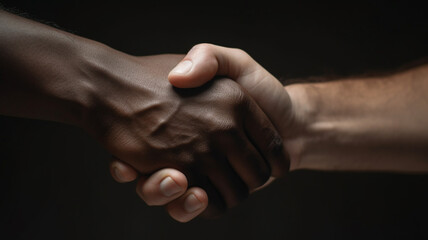Two hands shaking with one of the hands of a black person.