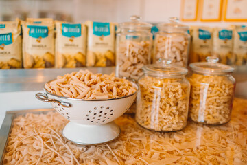 Italian tagliatelle pasta for sale in the supermarket or cafe shop