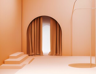 3D digital art of a bright, peach colored room with an arched doorway
