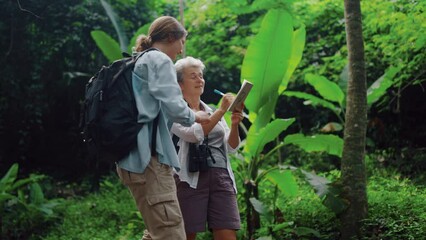 woman family hiking and walk in the tropical forest. young traveler explore the jungle nature trails on the mountain in summer, happy together in travel vacation lifestyle, adventure trekking trip