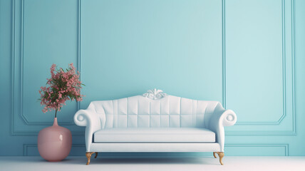 A white couch in a blue room with a plant in the corner.