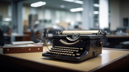 Fototapeta na wymiar A black typewriter sits on a desk in an office.